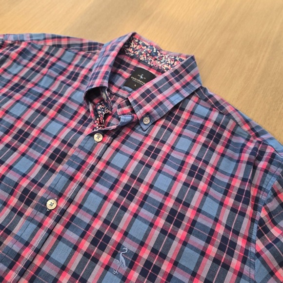 Tailorbyrd Other - Tailorbyrd Mens Large Blue Pink Plaid Button Down Shirt Floral Trim Cotton Blend